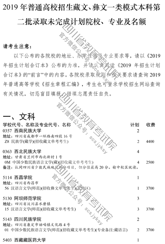 四川 - 关于普通高校藏文、彝文一类模式本科第二批录取未完成计划院校征集志愿的通知